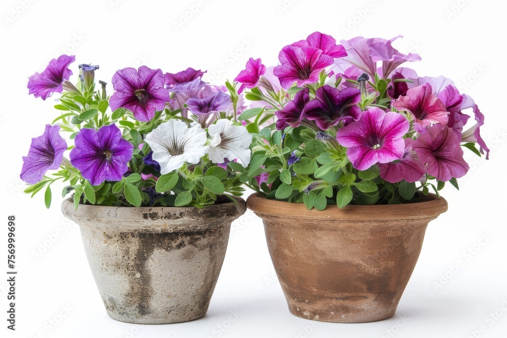 Petunia in pots blooming on white background