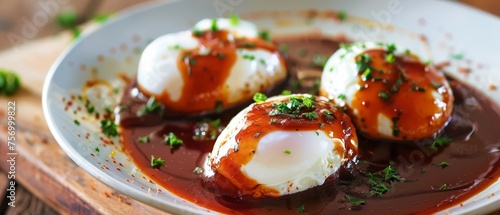 Poached eggs in red wine sauce