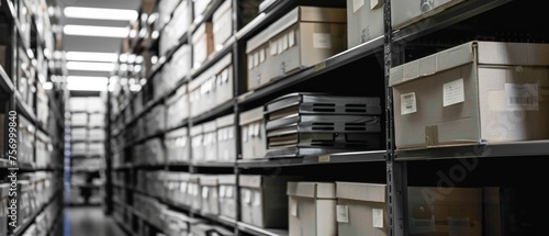 Police evidence storage with black shelves and white boxes