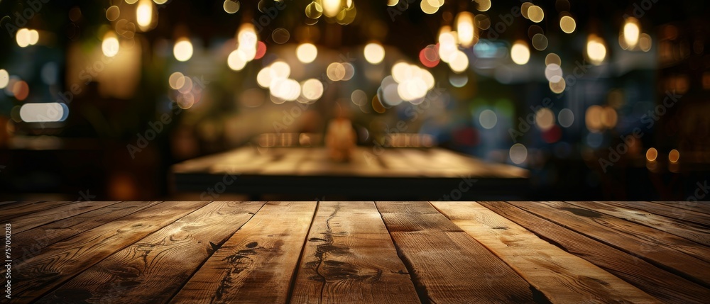 Real wood table with light reflection in dimly lit restaurant pub or bar Ideal for showcasing products in various settings Real wood table with light reflection in dimly lit restaurant pub or bar Ideal for showcasing products in various settings