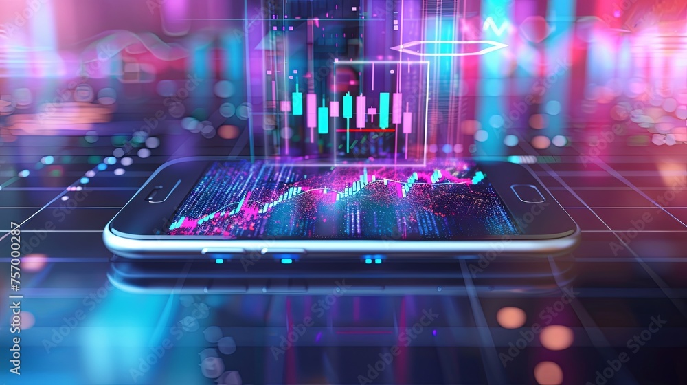 Smartphone Displaying Holographic Financial Data A captivating display ...