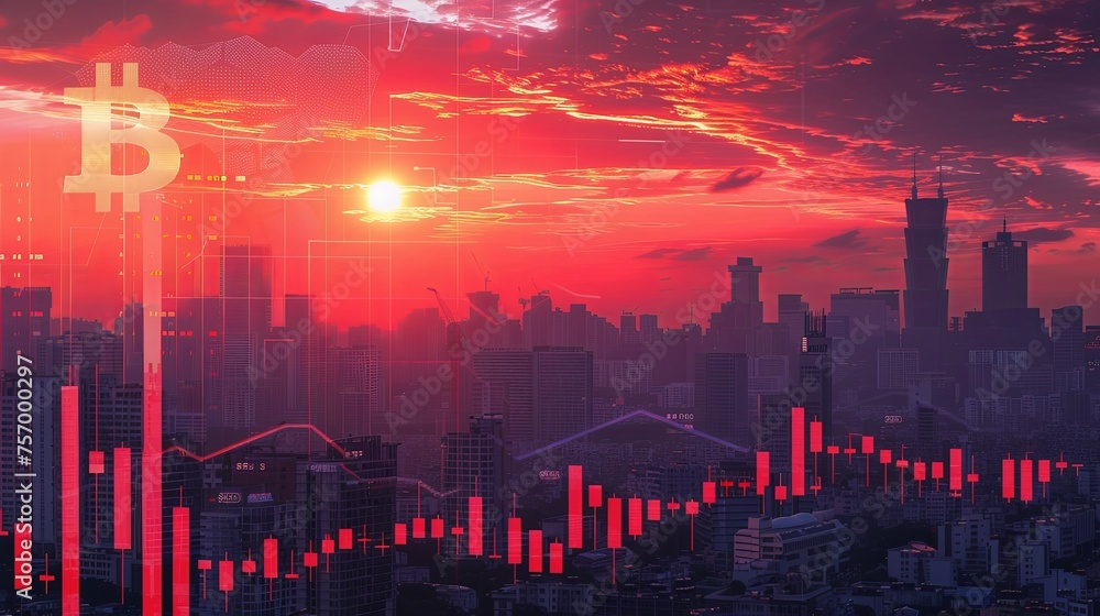 Fototapeta premium Bitcoin's Influence Over Modern Cityscape at Dusk The iconic Bitcoin logo overlays a cityscape at dusk, with financial candlestick charts in the foreground, depicting its pervasive influence in the