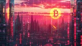 Bitcoin Dominance in Digital Economy Skyline A Bitcoin symbol reigns over a digitized city skyline at dusk, metaphorically representing the cryptocurrency's significant impact on the future of the di
