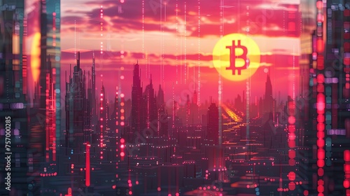 Bitcoin Dominance in Digital Economy Skyline A Bitcoin symbol reigns over a digitized city skyline at dusk, metaphorically representing the cryptocurrency's significant impact on the future of the di
 photo