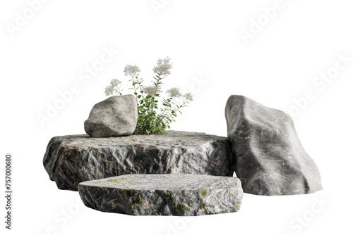 Flat realistic stone rock podium with a rugged texture, suitable for showcasing products with a natural and robust theme, cut out transparent background