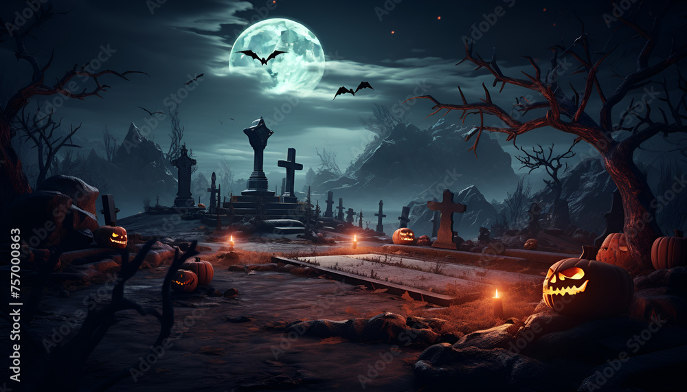Halloween night with a spooky moon clouds bats, Pumpkins In Graveyard In The Spooky Night