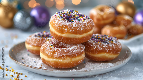 Krapfen Kreppel Donuts, Traditional Food for Mardi Gras, Delicious German Carnival Treats with Powdered Sugar, Sweet Bakery Dessert on White Background, Generative AI