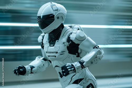 A robot is running in a futuristic setting