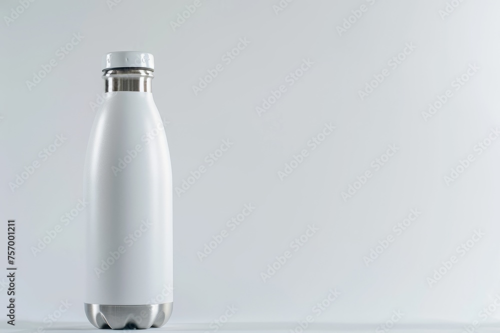 Steel reusable water bottle in white isolated on white background with copy space Zero waste Say no to plastic bottles Environmental theme - obrazy, fototapety, plakaty 