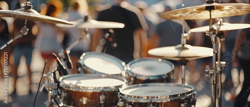 Street music festival with sunny day drum kit and hi hat cymbals captured in a selective focus close up shot photo
