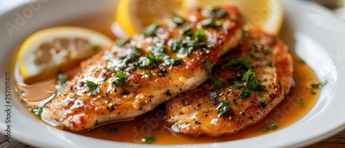 Tasty chicken piccata with lemon sauce on plate photo