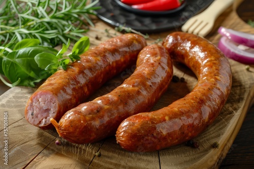 Close-up of delicious bratwurst German sausages arranged on a rustic wooden board