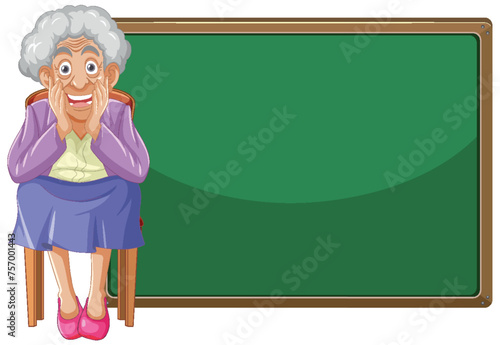 Cheerful elderly woman sitting in front of a chalkboard.
