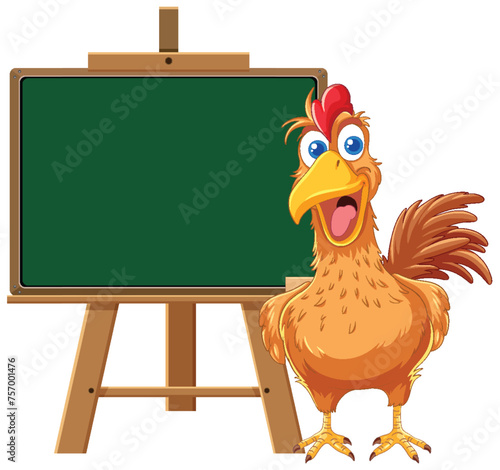 Vector illustration of a happy chicken by a chalkboard