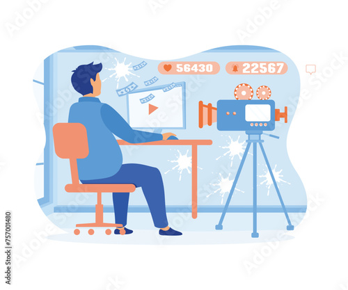 Man video blogger with copy space. Streamer, vlogger concept. flat vector modern illustration