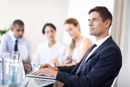 Businessman, thinking and office with laptop, corporate environment with online technology. Consultant, idea for teamwork collaboration, partnership and web search for administrator and employees