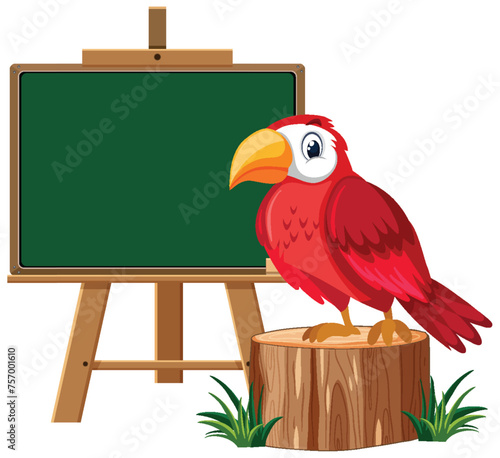 Red parrot perched beside an empty chalkboard photo