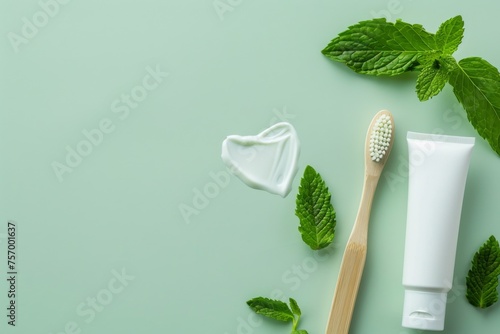 Toothbrush toothpaste tube mint leaves on light green background Heart shape with toothpaste Overhead view blank space