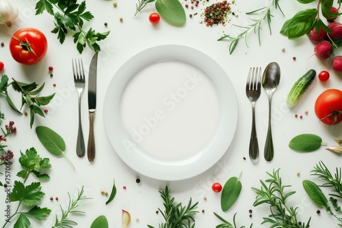 Top view cutlery set plate blank invitation card on white background with vegetables herbs and spices Menu design backdrop