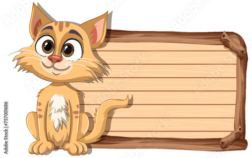 Adorable cartoon cat sitting beside a signboard