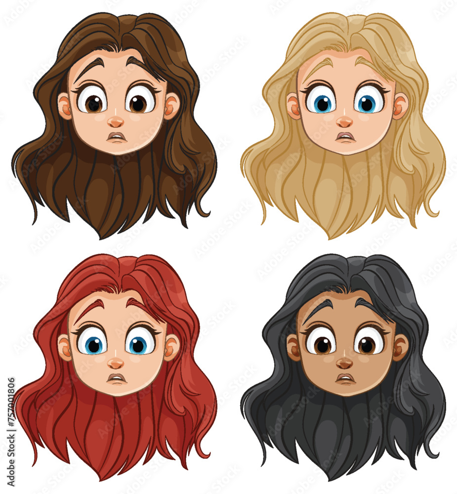 Four different women illustrated with unique hairstyles. Four different women illustrated with unique hairstyles.