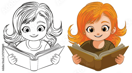 Colorful and black-and-white illustrations of a reading girl