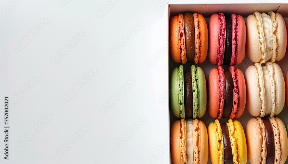 Top view of white background box with colorful macarons Top view of white background box with colorful macarons