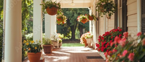 Traditional American porch with flower pots brick path