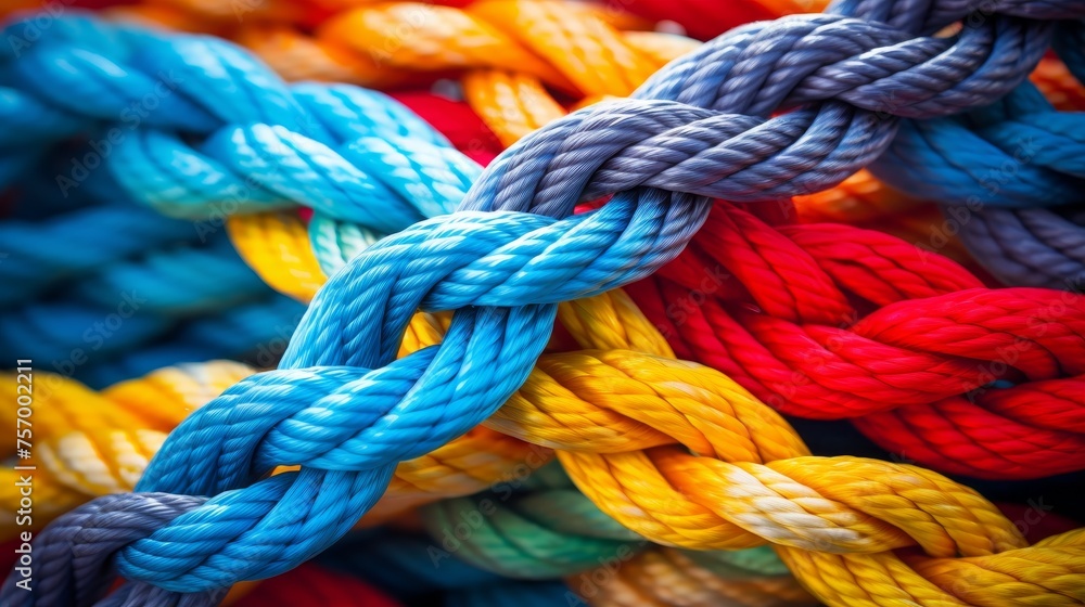 Strong diverse team rope concept for empowering partnership, unity, and colorful collaboration