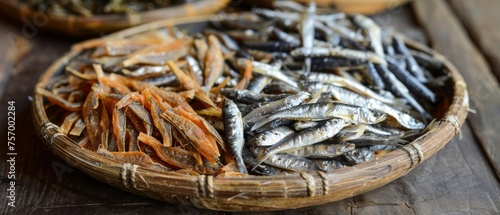 Various types of dried anchovies served on a wooden plate