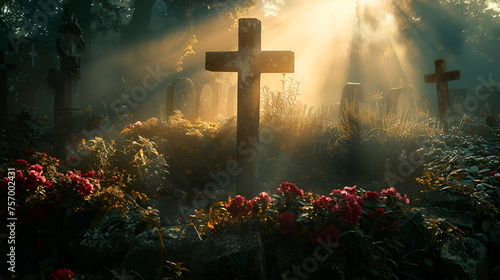 Resurrection Might Cross and Open Grave with Radiant Light, Christian Easter Symbolism, Religious Concept of Jesus Christ's Triumph Over Death, Spiritual Resurgence Illustration, Generative AI