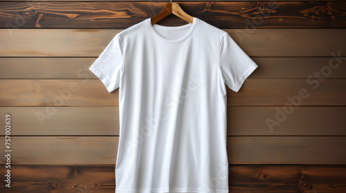 White t-shirt on wooden background. Mockup of t-shirt.