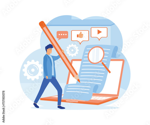 Content writer. Blog articles creation concept with people characters, freelance work business and marketing. flat vector modern illustration