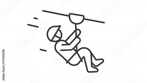 Animated zipline ride moving icon. Zip lining. line animation. Falling down, extreme activity. Recreational tourism. Black illustration on white background. HD video with alpha channel. Motion graphic photo