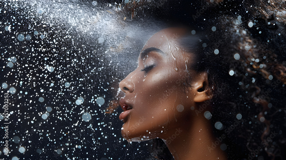 black female woman spraying mist on her face, profile picture of mist wter splashing all over ther face and hair. she has long curly hair, well dressed, her face is wet, she is spraying the mist with 