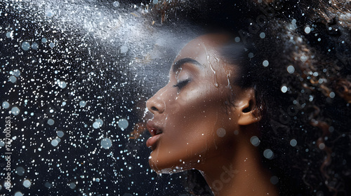 black female woman spraying mist on her face, profile picture of mist wter splashing all over ther face and hair. she has long curly hair, well dressed, her face is wet, she is spraying the mist with  photo