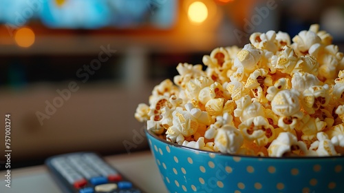 Close-up of a bowl of popcorn with a TV remote, Cozy movie night at home with popcorn and blankets, Relaxed atmosphere, Home entertainment, Bowl of popcorn