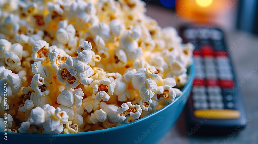 Close-up of a bowl of popcorn with a TV remote, Cozy movie night at home with popcorn and blankets, Relaxed atmosphere, Home entertainment, Bowl of popcorn Close-up of a bowl of popcorn with a TV remote, Cozy movie night at home with popcorn and blankets, Relaxed atmosphere, Home entertainment, Bowl of popcorn