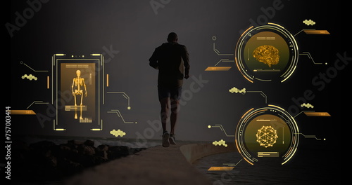 Image of human body and scientific data processing over african american man running