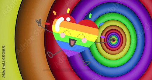 Image of rainbow heart over rainbow circles and colours moving on seamless loop