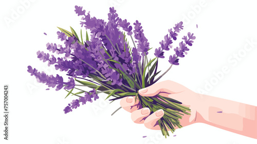 Female hand holding blooming lavender bunch. Woman