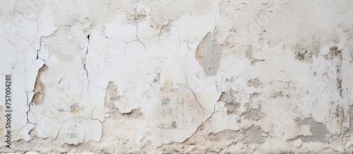 A closeup shot of a white wall with peeling paint revealing layers of wood, soil, art, flooring, concrete, rock, and twigs beneath