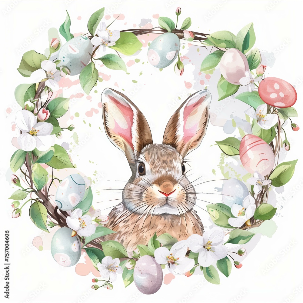 Flower wreath with Easter bunny and Easter eggs, Easter holiday