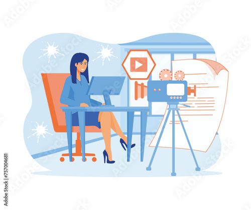 Content writer. Media creator and online freelance article writer, blog copywriter and content maker concept. flat vector modern illustration