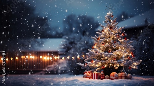 A magical Christmas scene with a beautifully decorated tree and gifts under a gentle snowfall, evoking the warm spirit of the holiday season.