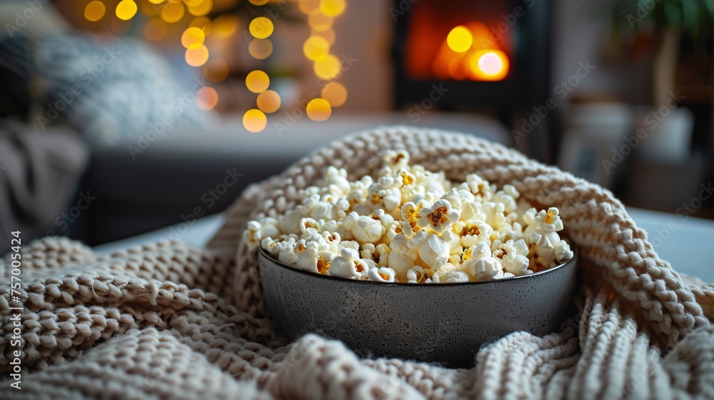 Close-up of a bowl of popcorn with a TV remote, Cozy movie night at home with popcorn and blankets, Relaxed atmosphere, Home entertainment, Bowl of popcorn Close-up of a bowl of popcorn with a TV remote, Cozy movie night at home with popcorn and blankets, Relaxed atmosphere, Home entertainment, Bowl of popcorn