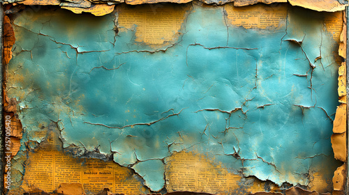 A blue antique background with a old paper torn apar. Vintage background space for text photo