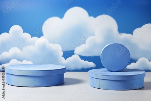 Cute baby product display podium for sale - toy design studio with blue sky and rainbow background