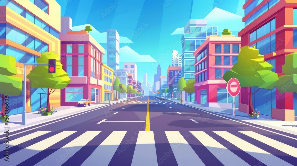 Cartoon summer town landscape with multistorey buildings, road with crosswalk, pedestrians. Empty downtown highway corner at city street intersection with sidewalk, traffic lights, and zebra