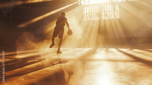 a basketball player dribbling through the court, with the soft natural light creating dramatic highlights and shadows, enhancing the premium and sleek aesthetic photo